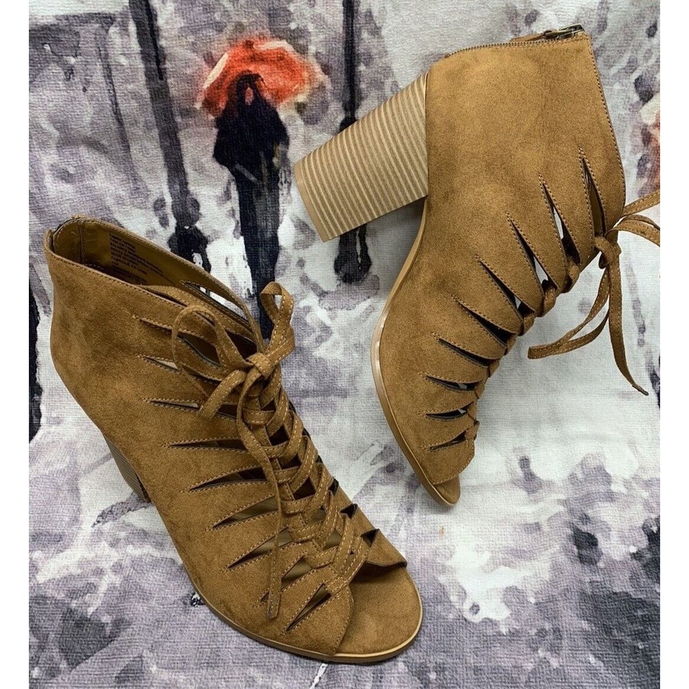 Melrose And Market Booties Women's Size 11 M Camel Brown Vented Open Toe Chunky
